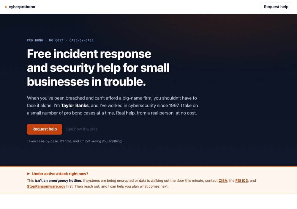 CyberProBono homepage: free incident response for small business