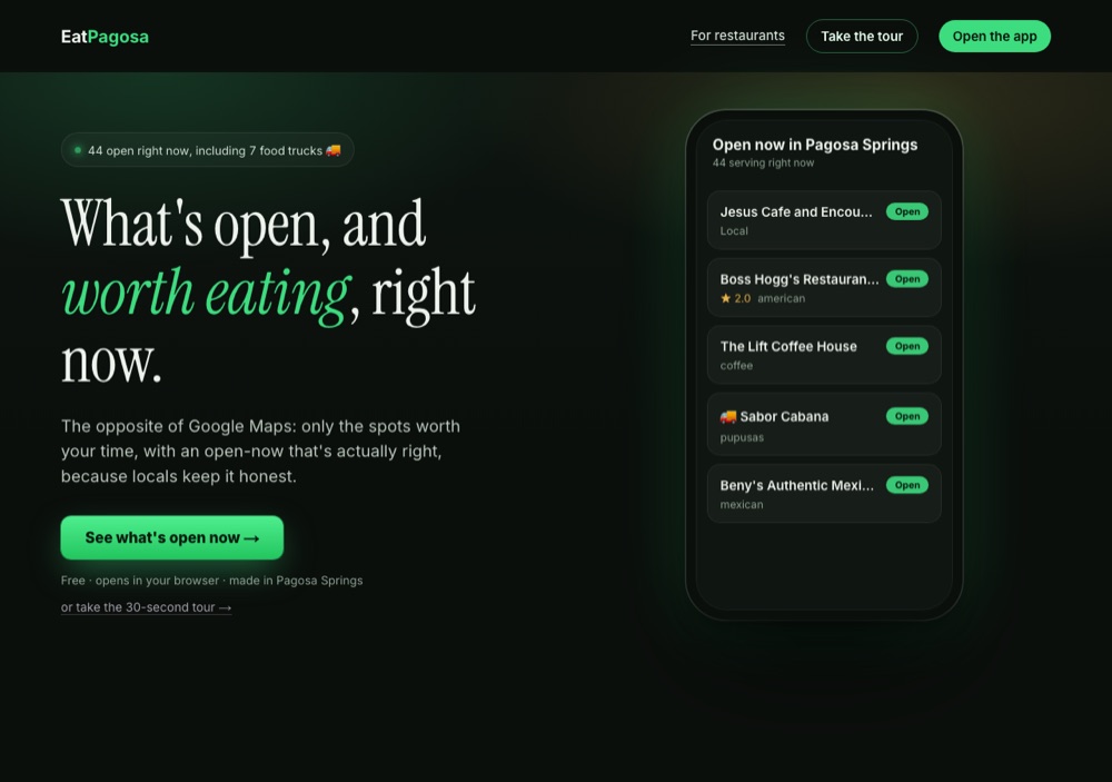 EatPagosa homepage: a dark local dining guide for Pagosa Springs