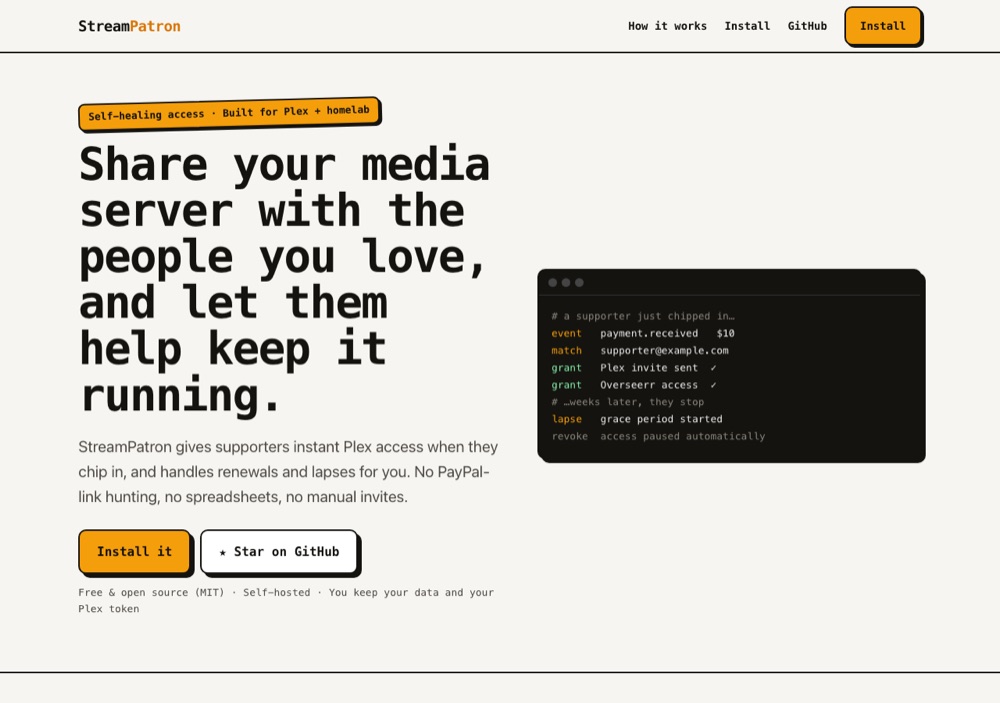 StreamPatron homepage: share your media server with people you trust